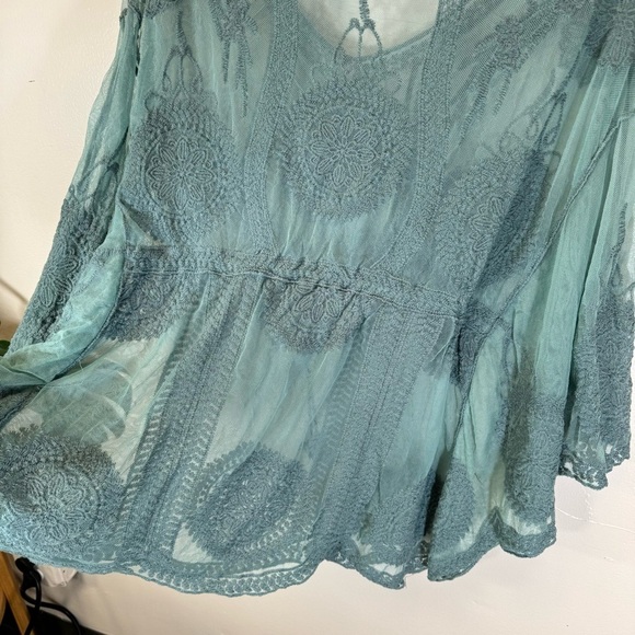 Sheer mesh lace boho blouse embroidered blue batwing sleeve OS loose fit SP230 - Picture 8 of 14